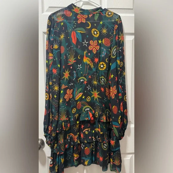 FARM Rio Dark Green Long-Sleeve Tiered Dress with Red, Yellow and Teal Motif - Picture 1 of 9